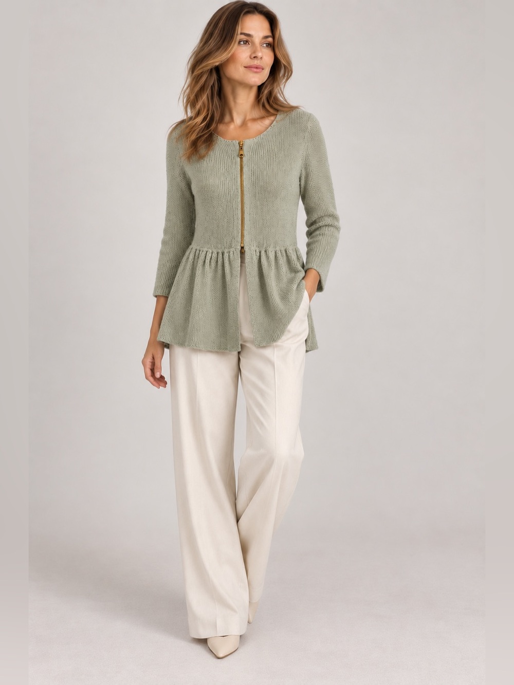 Zara Knit Sage Green Metallic Peplum Zip Cardigan Tunic Sweater Size S